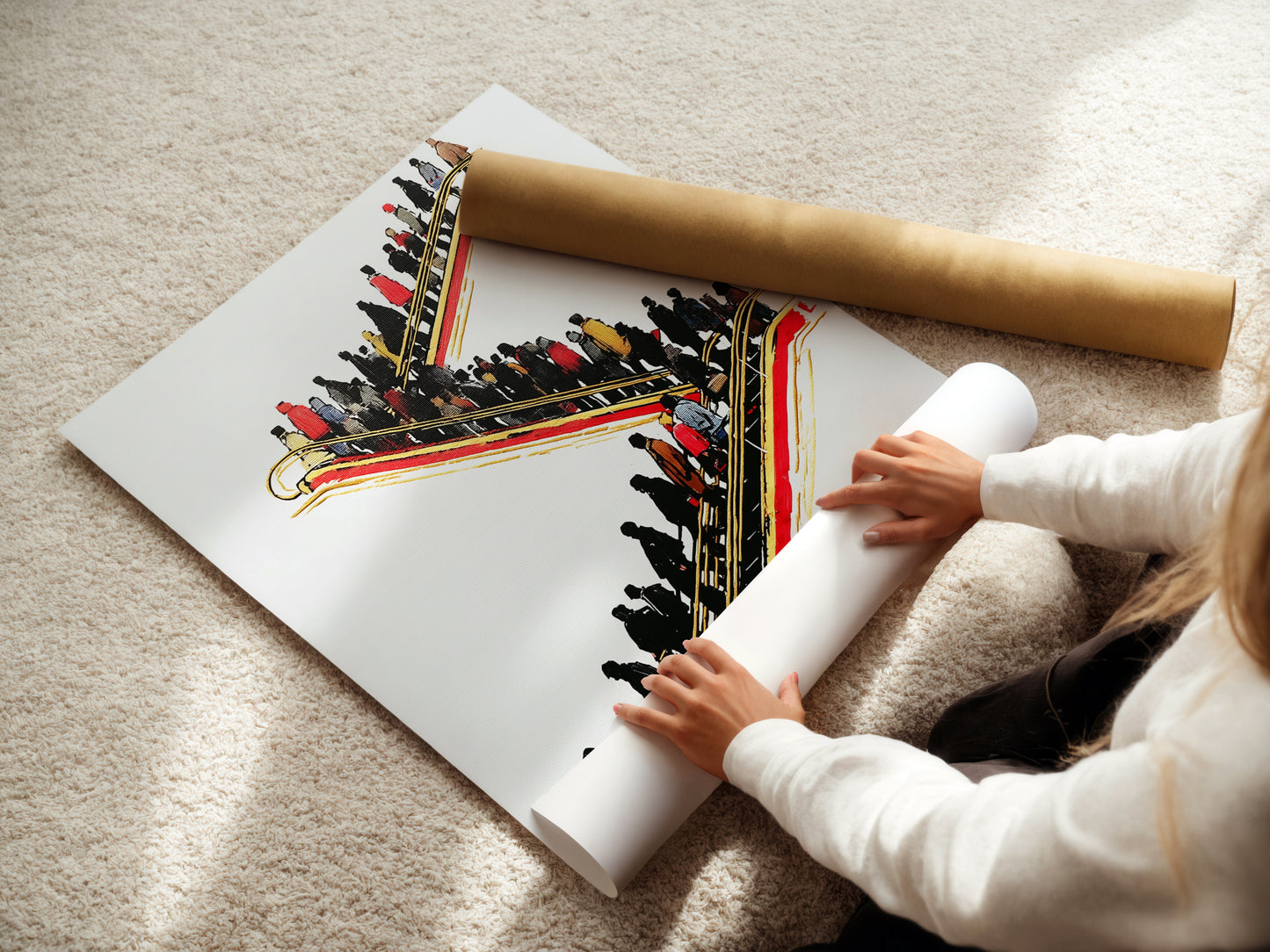 A woman carefully rolling a fine art poster paper print. This highlights the care and quality of our prints. The poster paper ensures vibrant colors and sharp details. Perfect for modern office art and urban wall decor. Elevate your space with this fine art piece.