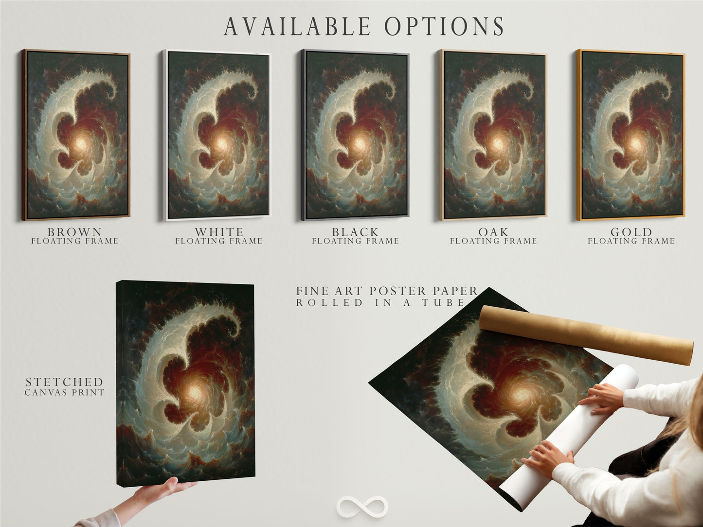 Available options are showcased for the Celestial Vortex artwork. Options include a stretched canvas print a fine art poster paper and a floating frame. It enhances decor in a library or study room.