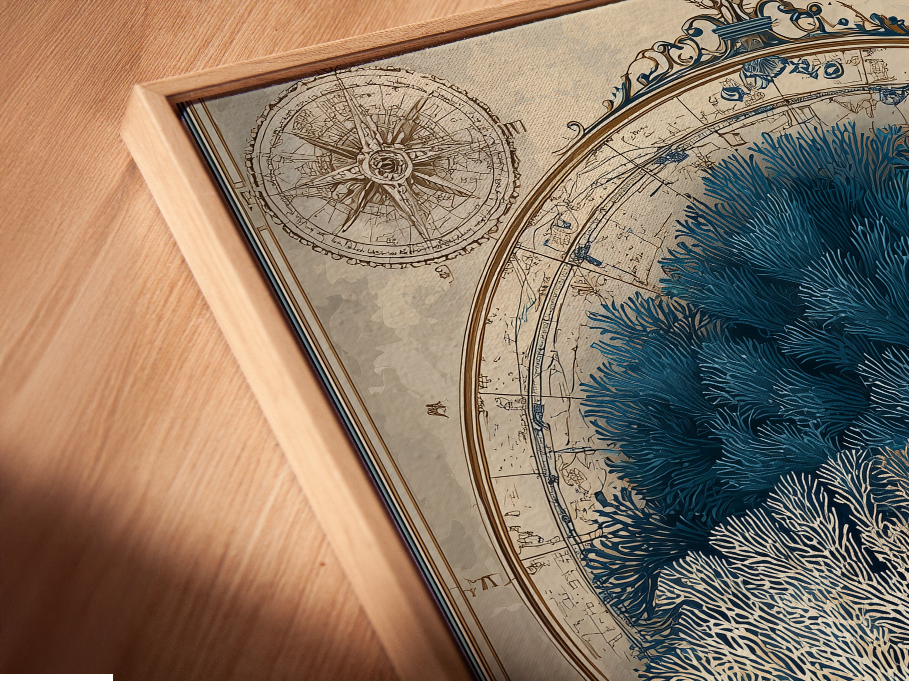 A close up angled view of a canvas print in a floating frame. The frame enhances the artwork. This art piece has a modern aesthetic. Perfect for adding depth and style to your walls. This unique presentation makes your art stand out.