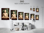 A size comparison chart showcases vintage Buddha artwork in an interior setting. Visualize the perfect size for your spiritual zen decor. Find the ideal buddha art for your space. Perfect for meditation rooms and yoga studios. See how it fits.