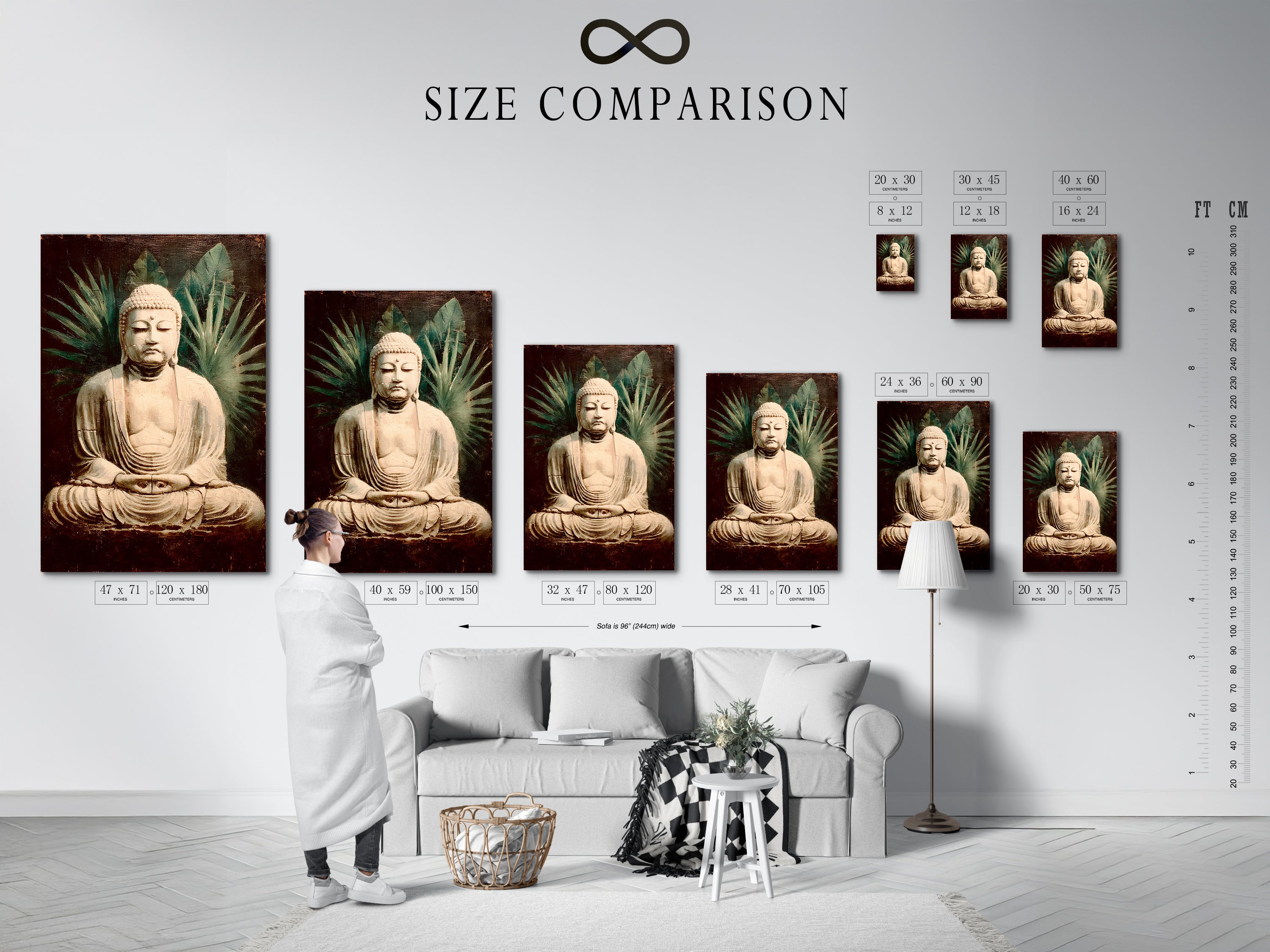 A size comparison chart showcases vintage Buddha artwork in an interior setting. Visualize the perfect size for your spiritual zen decor. Find the ideal buddha art for your space. Perfect for meditation rooms and yoga studios. See how it fits.