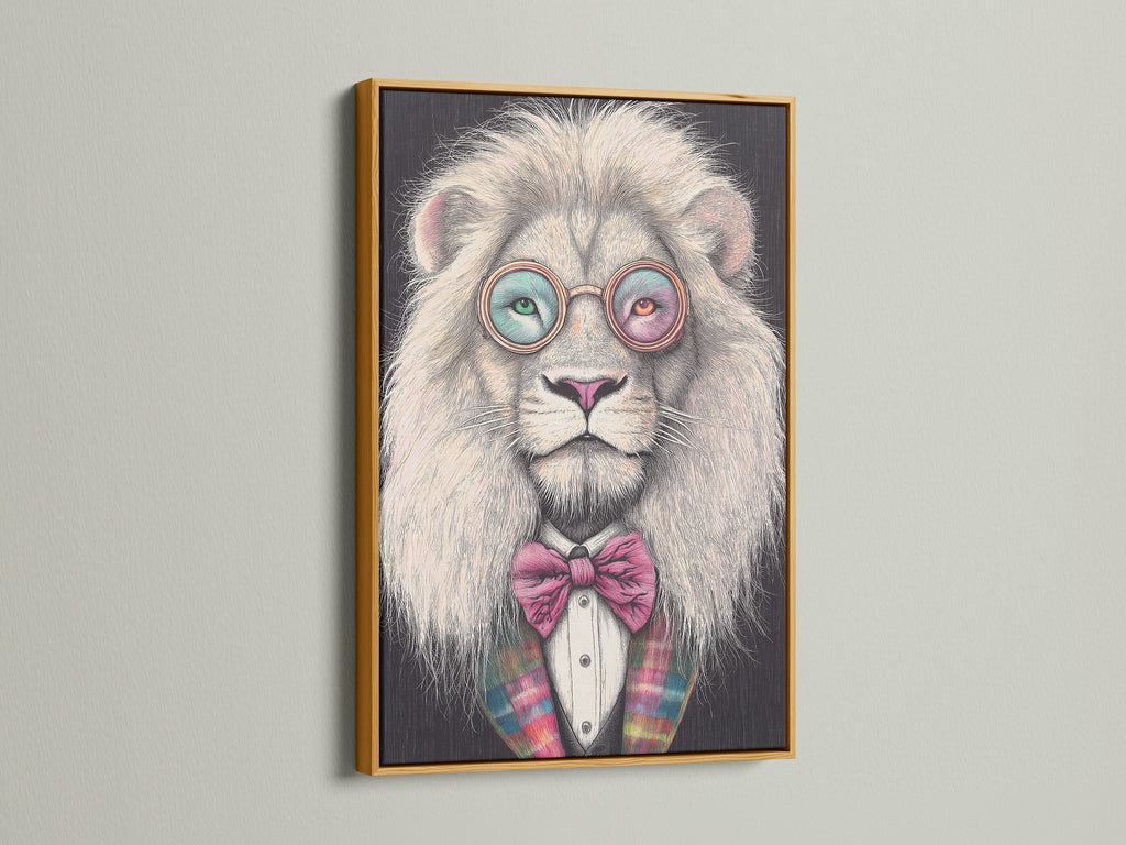 A funny lion print is displayed in a gold frame. The art features a lion with glasses and a bow tie. It adds a touch of whimsy to any wall. This animal portrait art is perfect for home decor.