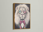 A funny lion print is displayed in a gold frame. The art features a lion with glasses and a bow tie. It adds a touch of whimsy to any wall. This animal portrait art is perfect for home decor.