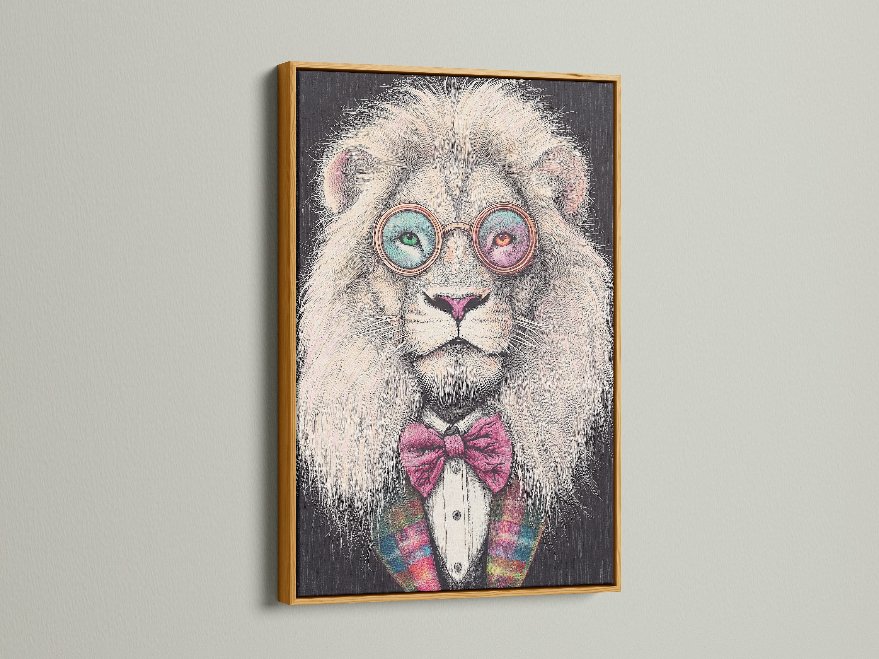 A funny lion print is displayed in a gold frame. The art features a lion with glasses and a bow tie. It adds a touch of whimsy to any wall. This animal portrait art is perfect for home decor.