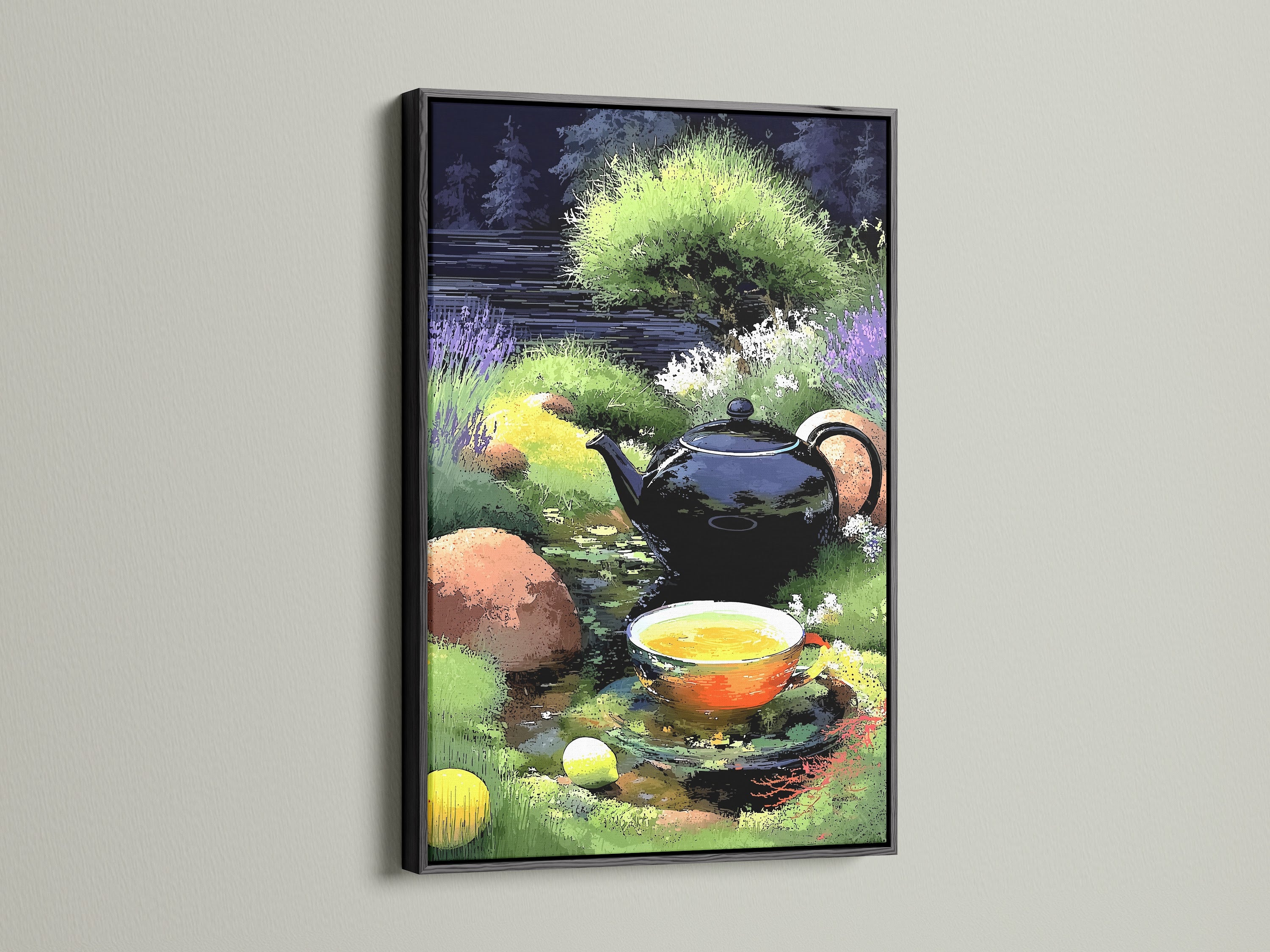 Add a sophisticated touch to your decor with the Tea Time Canvas Print in a black frame. This still life print brings a modern edge to botanical art. The tea cup artwork and garden scene create a calming effect. Ideal for interior designers looking to enhance bistros or tea rooms with unique pieces.