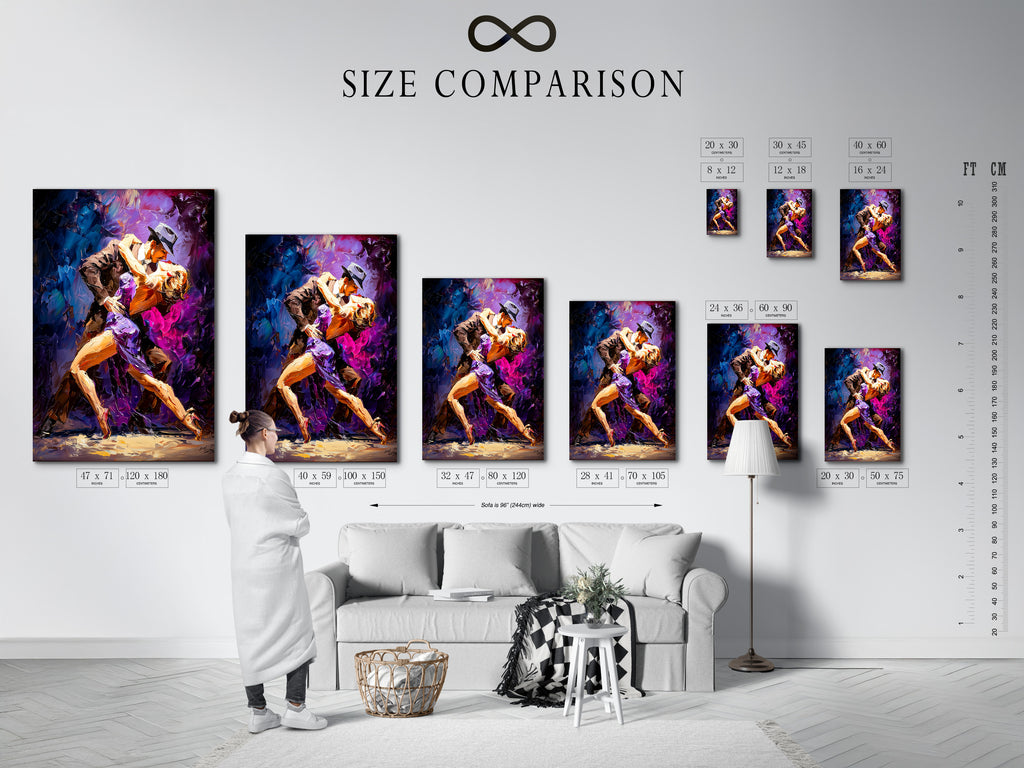 A size comparison chart is shown in an interior setting. This chart helps visualize artwork dimensions. Choose the perfect size for your space. Find the right fit with our size comparison chart. Start planning now.