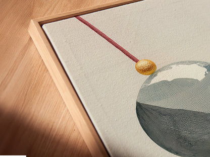 A close-up angled view of a Geometric Spheres canvas print in a floating frame. The abstract wall art features teal and gold accents. Ideal for modern minimalist and Scandinavian interiors. Enhance your office wall decor with this contemporary artwork.