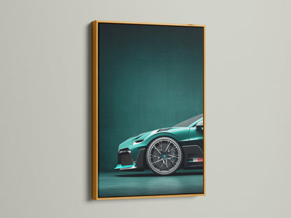 The gold frame adds a touch of luxury. See this car photography art. A teal green luxury sports car is featured. It makes a perfect car lover gift.