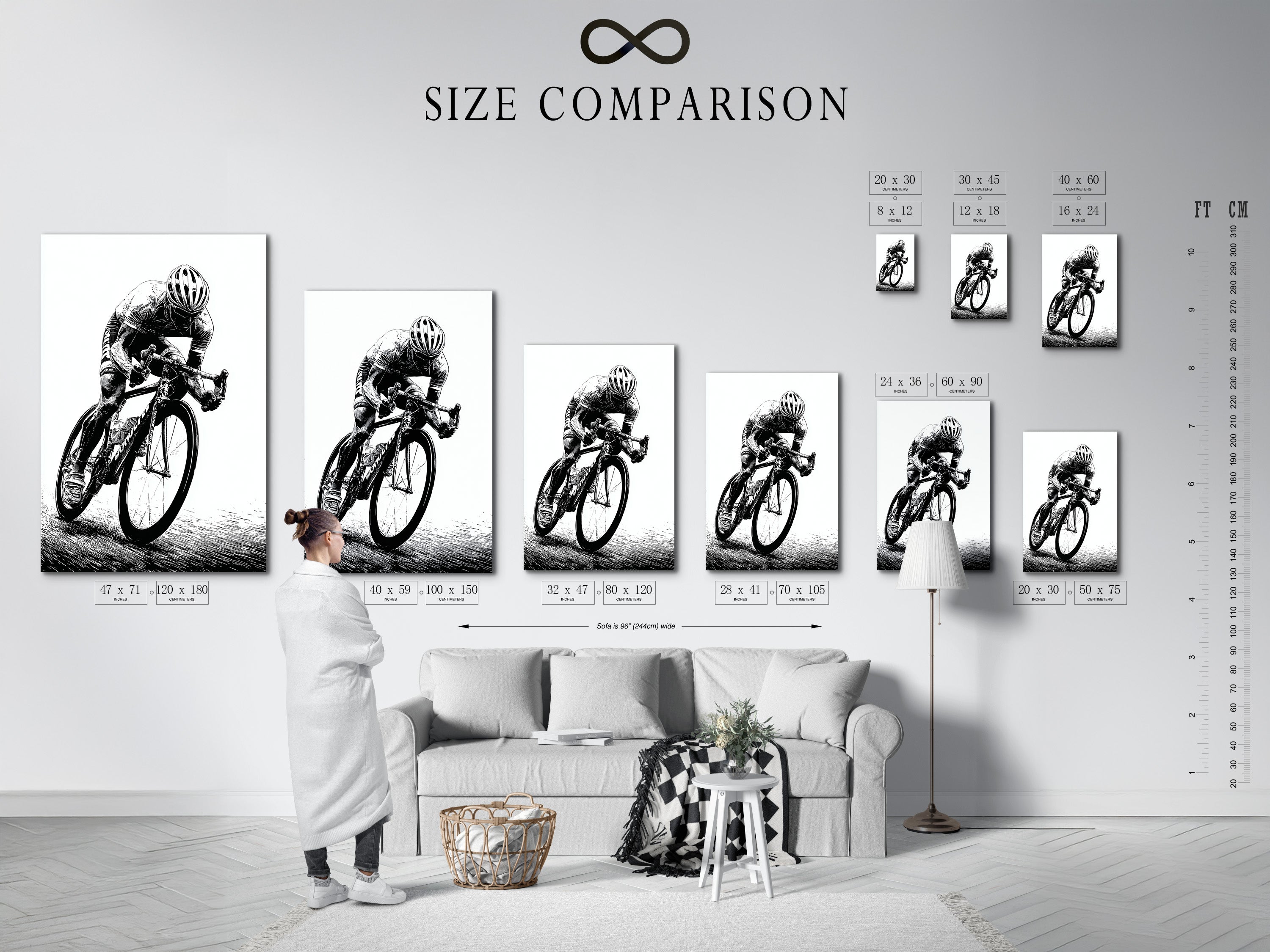 A size comparison chart in an interior setting. See how our cycling art prints fit in your space. Available in various sizes for home gym decor or office wall art. This bicycle canvas art is versatile.