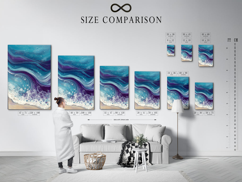A size comparison chart displayed in an interior setting. See how the ocean wave abstract artwork fits. The teal and purple fluid art enhances any space. Perfect coastal wall art for bedroom decor.