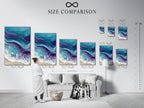 A size comparison chart displayed in an interior setting. See how the ocean wave abstract artwork fits. The teal and purple fluid art enhances any space. Perfect coastal wall art for bedroom decor.