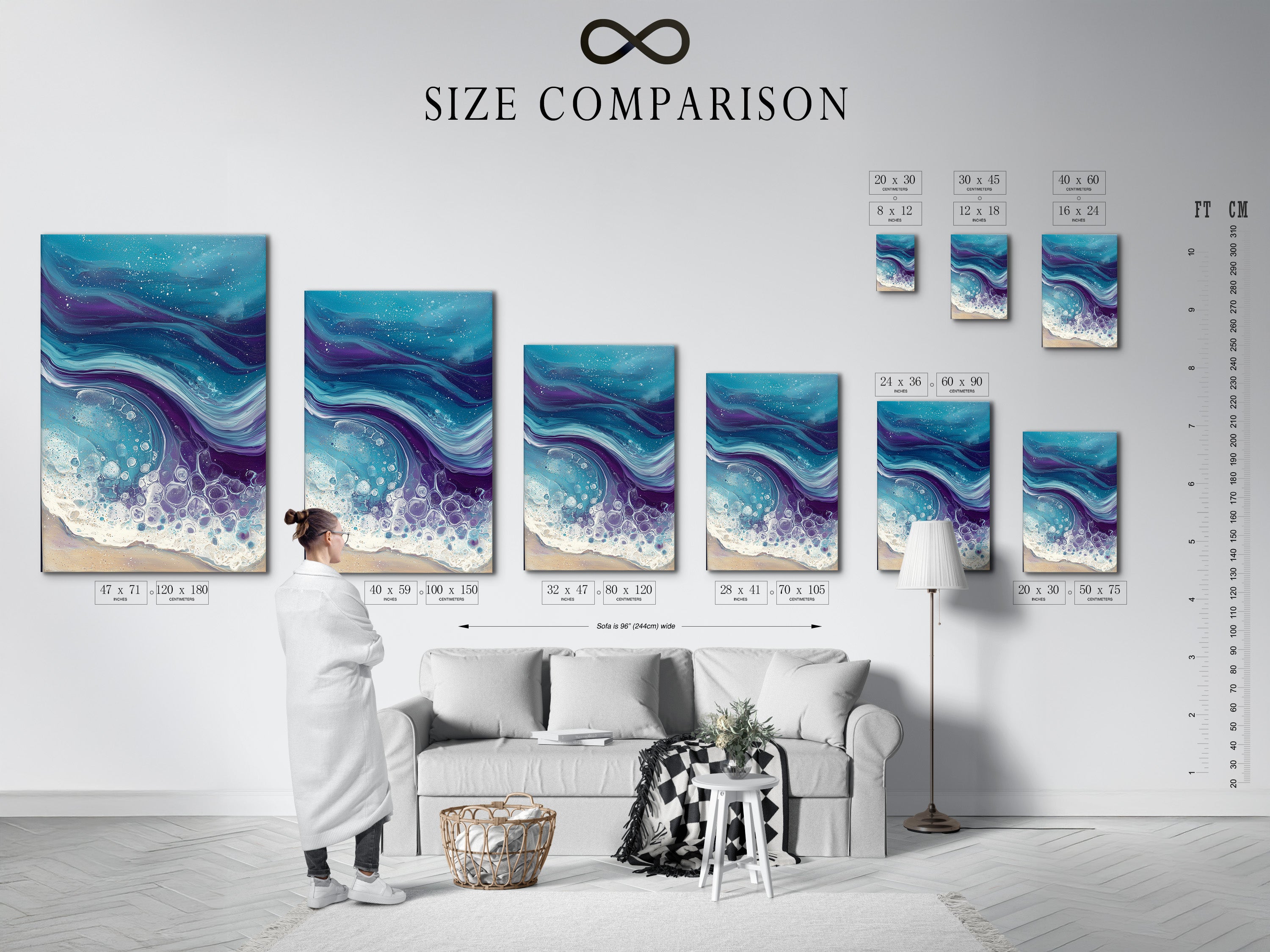 A size comparison chart displayed in an interior setting. See how the ocean wave abstract artwork fits. The teal and purple fluid art enhances any space. Perfect coastal wall art for bedroom decor.