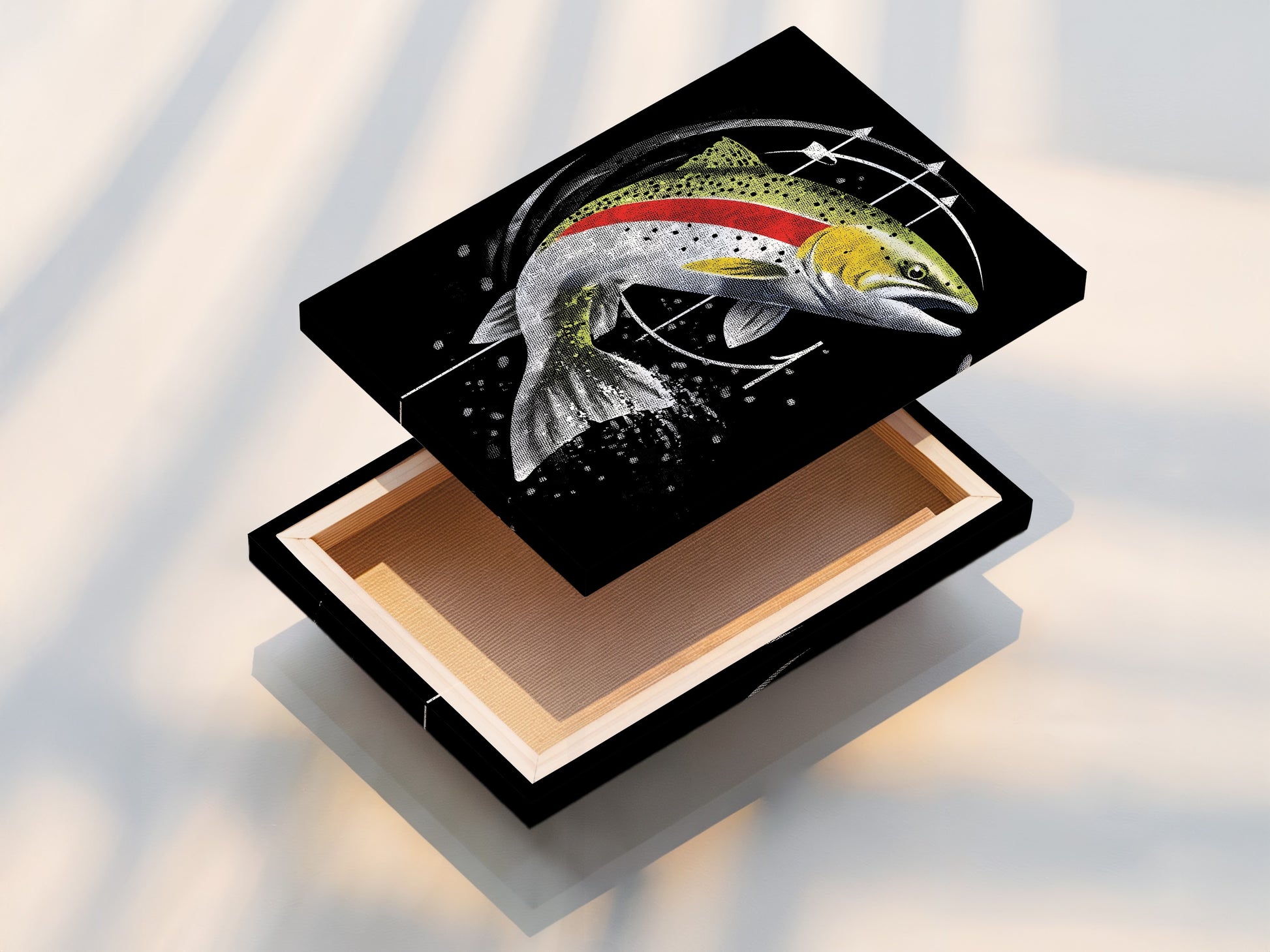 The stretched canvas print showcases the trout artwork beautifully. The fish wall art is ready to hang. It adds a modern touch to any room. Perfect for cabin wall decor and sportsman decor. An ideal angler gift for fishing enthusiasts.