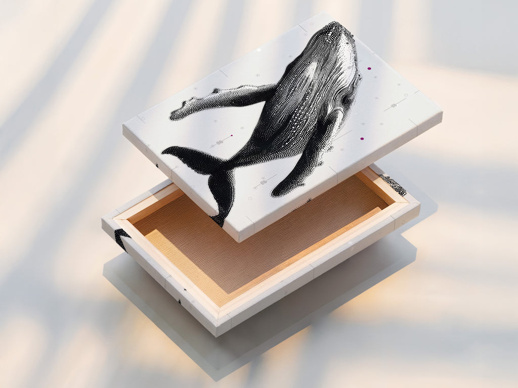 A stretched canvas print of a Humpback Whale. Ready to hang and enjoy. This marine canvas art brings the ocean to your home. The dotted whale art is perfect for any room. Ideal for those seeking refined modern wall art. The whale artwork is stunning