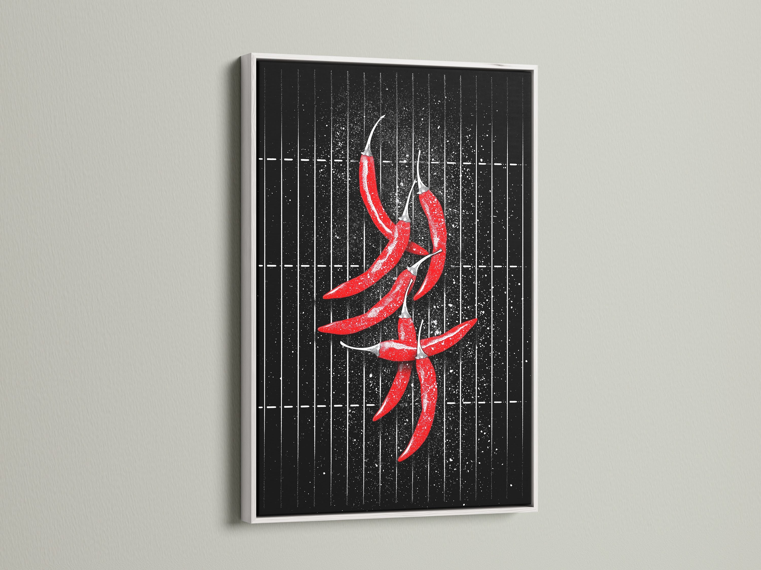 A red chili pepper artwork print framed in white. This artwork is a modern foodie poster for kitchen wall decor. The white frame offers a clean minimalist look. Red and black art that elevates any dining area. Perfect for studio decor.