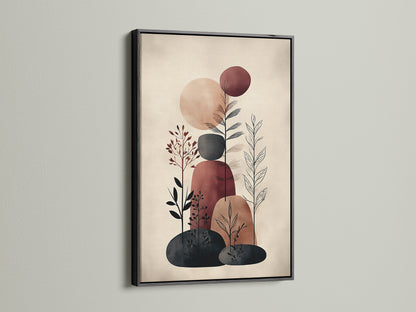 A black frame enhances this abstract botanical art print. The contrast adds drama to the minimalist artwork. A bold choice for modern artwork and earth tone decor. This plant canvas creates a focal point in your office wall art or living space.