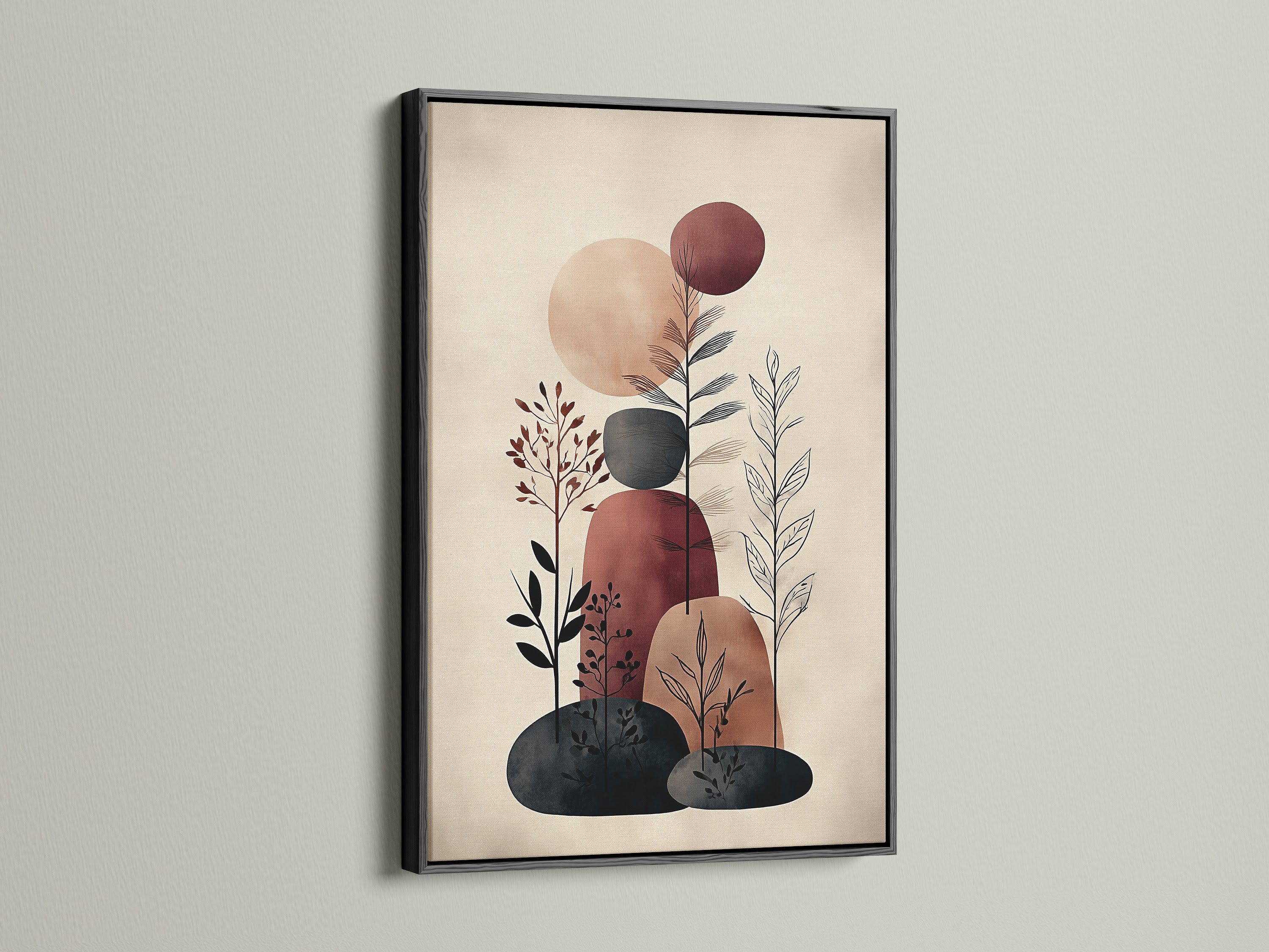 Here is an abstract botanical artwork in a sleek black frame. The geometric art and minimalist print create a modern art feel. Perfect for a living room bedroom or office artwork. This neutral wall art complements any style.