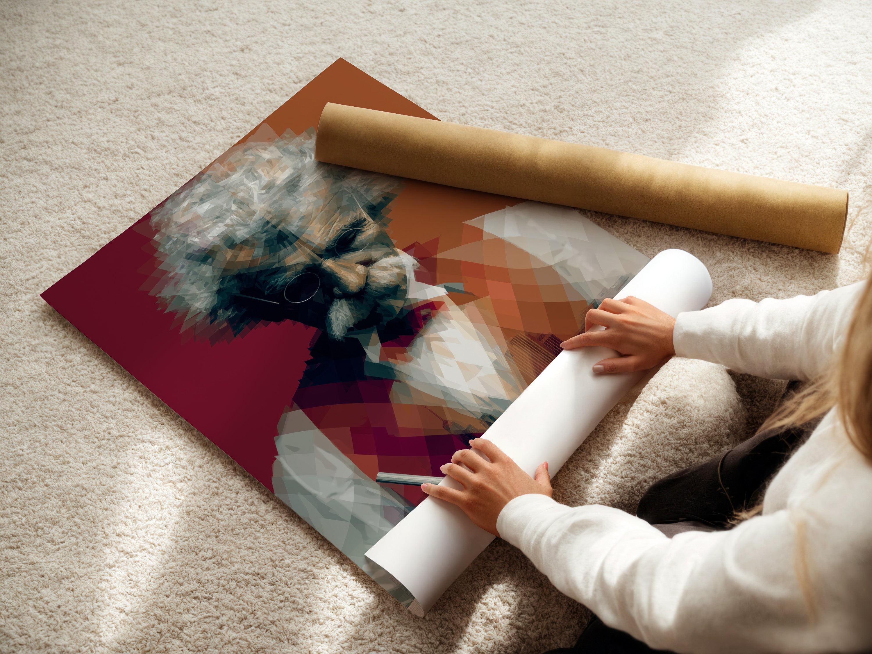 A woman is carefully rolling a fine art poster paper of Mark Twain. The geometric writer wall art is printed on high-quality material. The poster is perfect for study room decor. It is ideal for book lovers and those appreciating classic literature.