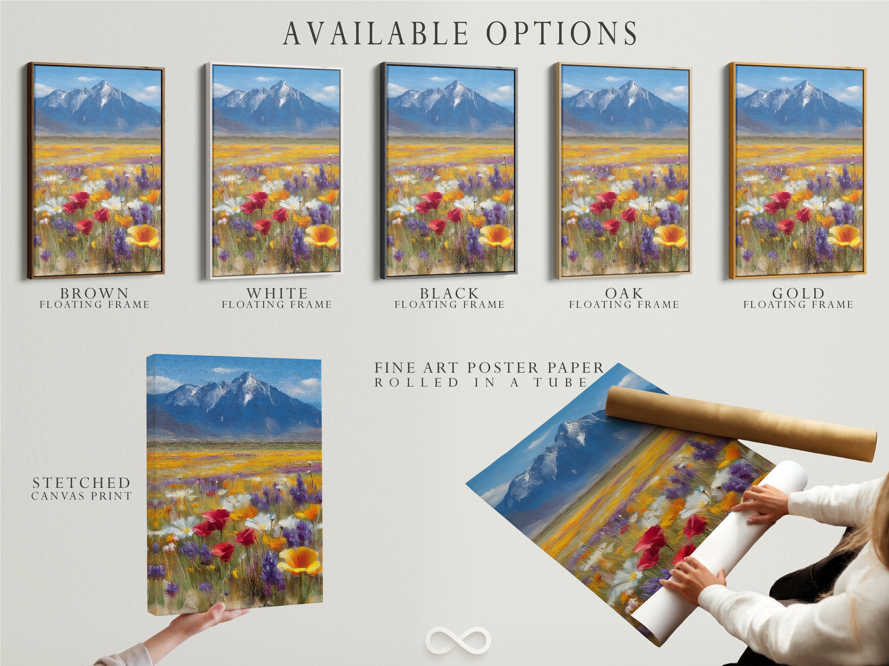 Available options for our wildflower meadow artwork. Choose from stretched canvas prints fine art poster paper or floating frames. Customize your mountain landscape wall art to suit your style. Explore the vibrant poppy field painting in various formats. Perfect for personalizing your home decor with our nature-inspired art.