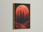 A stunning gold frame showcases the forest moon canvas print. The red orange decor and moody landscape provide a mystical touch. This sunset wall art is ideal for enhancing bedroom accents or studio decor. The gold frame adds elegance.