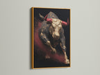 Artwork featuring a bull with red horns. The art is displayed in a gold frame. The gold frame enhances the artwork. Perfect art to showcase in your home or office. Great art for any room in the house