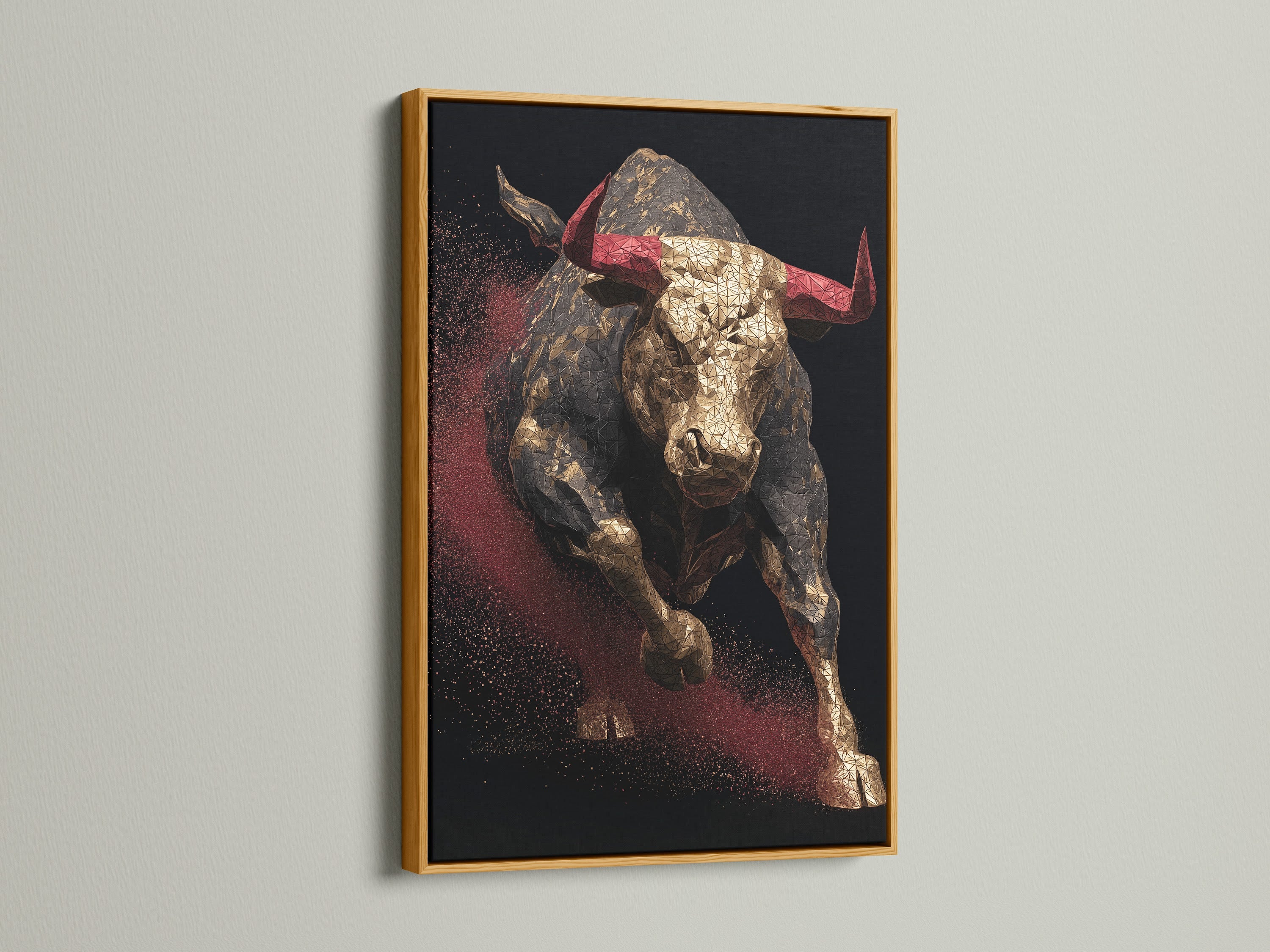 Artwork featuring a bull with red horns. The art is displayed in a gold frame. The gold frame enhances the artwork. Perfect art to showcase in your home or office. Great art for any room in the house