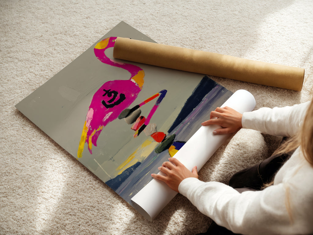 A woman is carefully unrolling a fine art poster paper print. The paper showcases a flamingo balancing on a zen stone stack. This high-quality print is perfect for framing. It brings a touch of zen and tropical charm to your home.