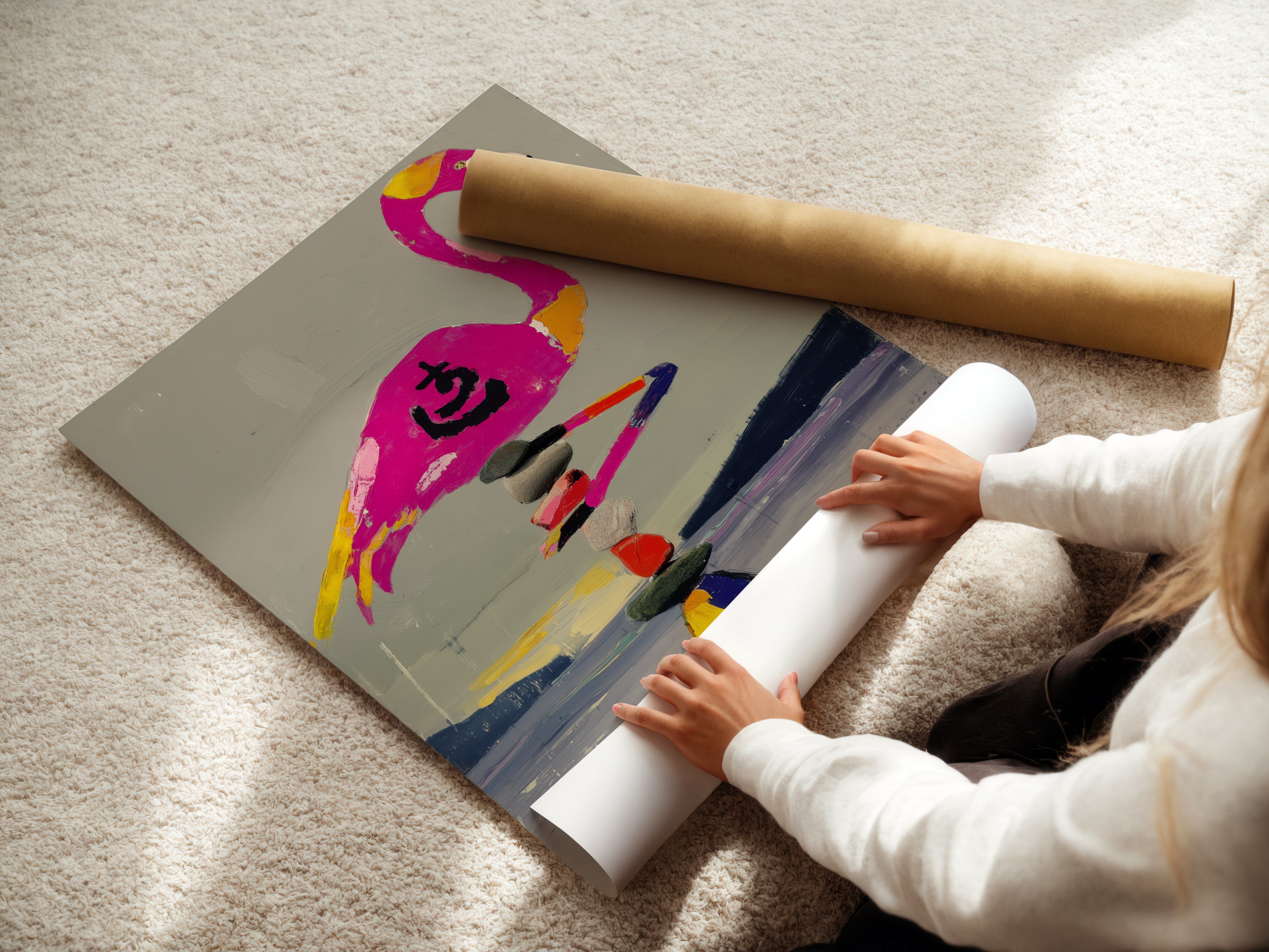 A woman is carefully unrolling a fine art poster paper print. The paper showcases a flamingo balancing on a zen stone stack. This high-quality print is perfect for framing. It brings a touch of zen and tropical charm to your home.