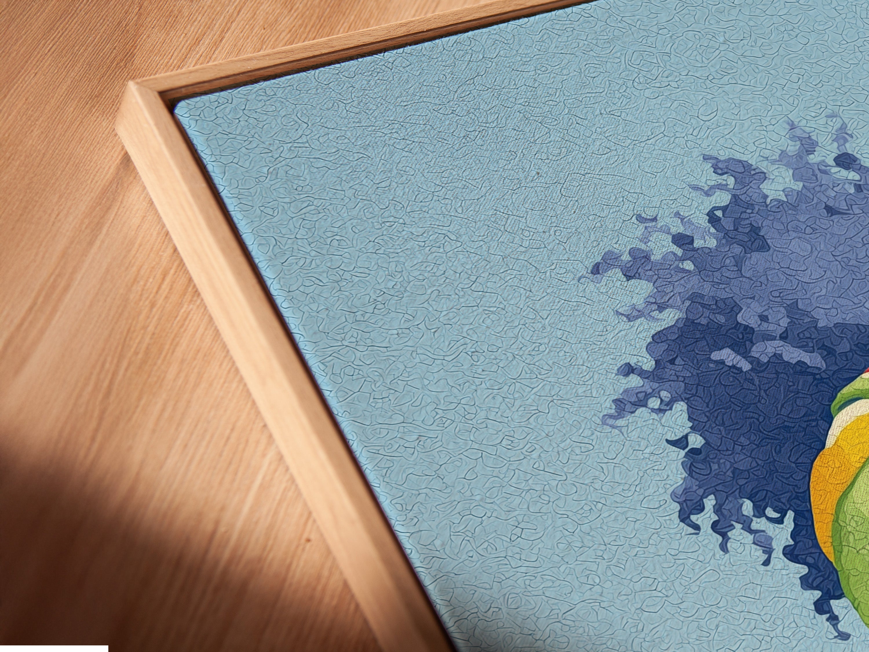 A close-up angled view of a canvas print in a floating frame. The artwork features a modern portrait of a woman. This piece enhances living rooms bedrooms boutiques studios lobbies and clinics.