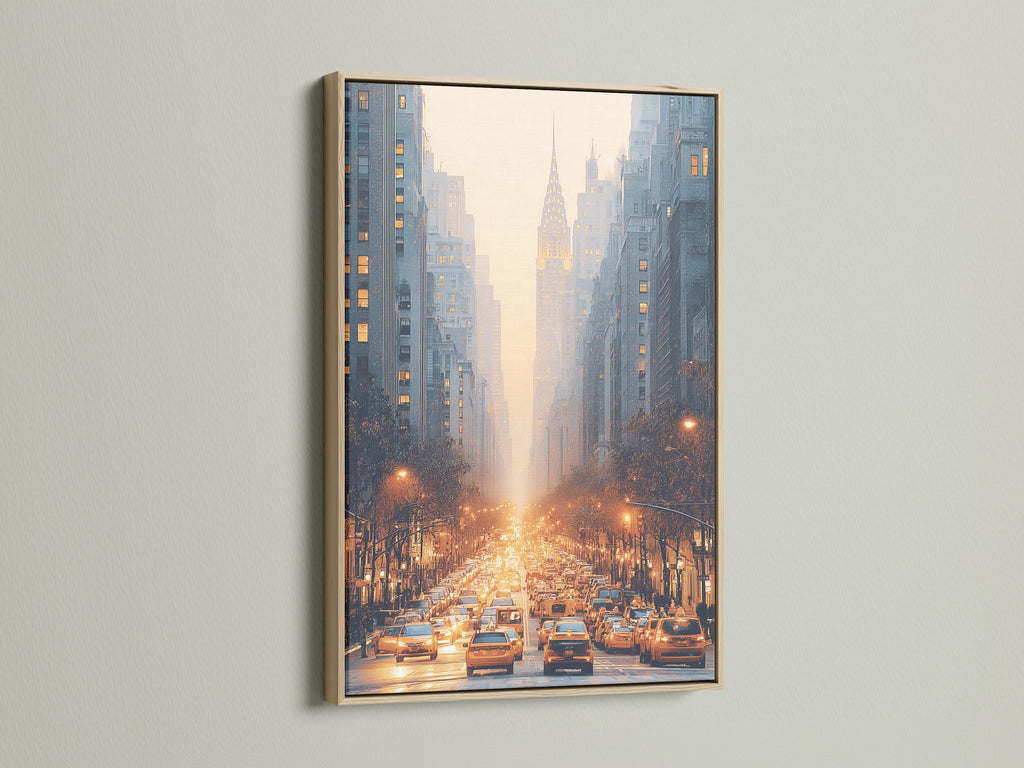 City street artwork is displayed in an oak frame. The urban skyline wall art features a golden hour. A captivating piece for minimalist contemporary or industrial styles. Elevate your home office wall.