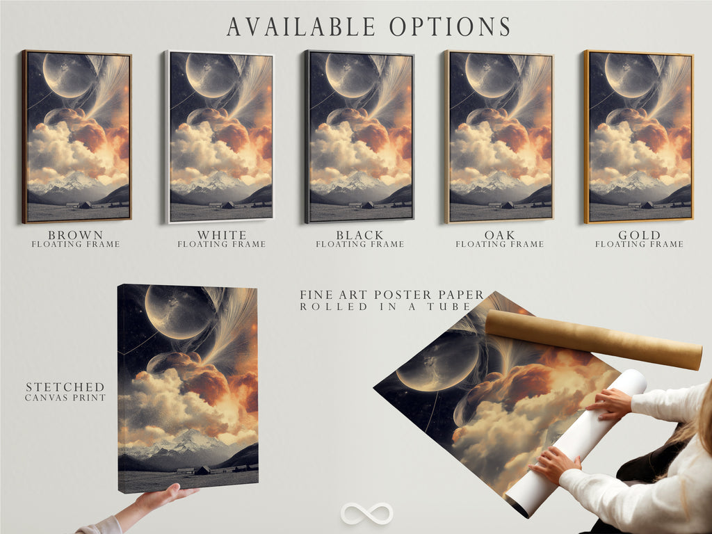 Available options are showcased. These include a stretched canvas print fine art poster paper and a floating frame. Choose your preferred format for this celestial landscape cosmic mountain artwork.