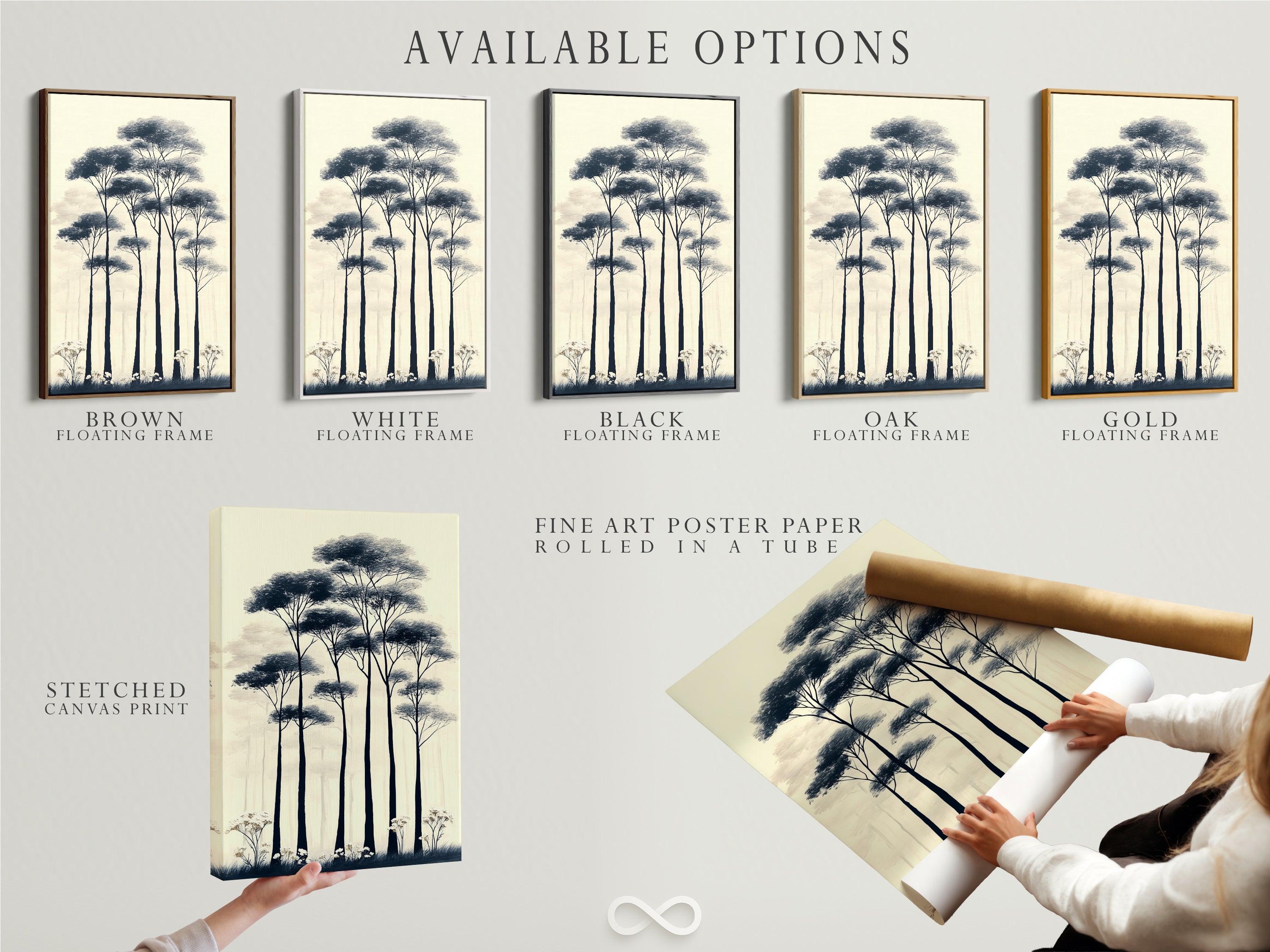 Explore available options for your forest trees artwork. Choose from a stretched canvas print. A fine art poster paper or a floating frame. Customize your minimalist nature art to fit your style. Perfect for Scandi decor and adding a touch of tranquility to your home.