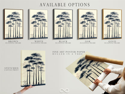 Explore available options for your forest trees artwork. Choose from a stretched canvas print. A fine art poster paper or a floating frame. Customize your minimalist nature art to fit your style. Perfect for Scandi decor and adding a touch of tranquility to your home.