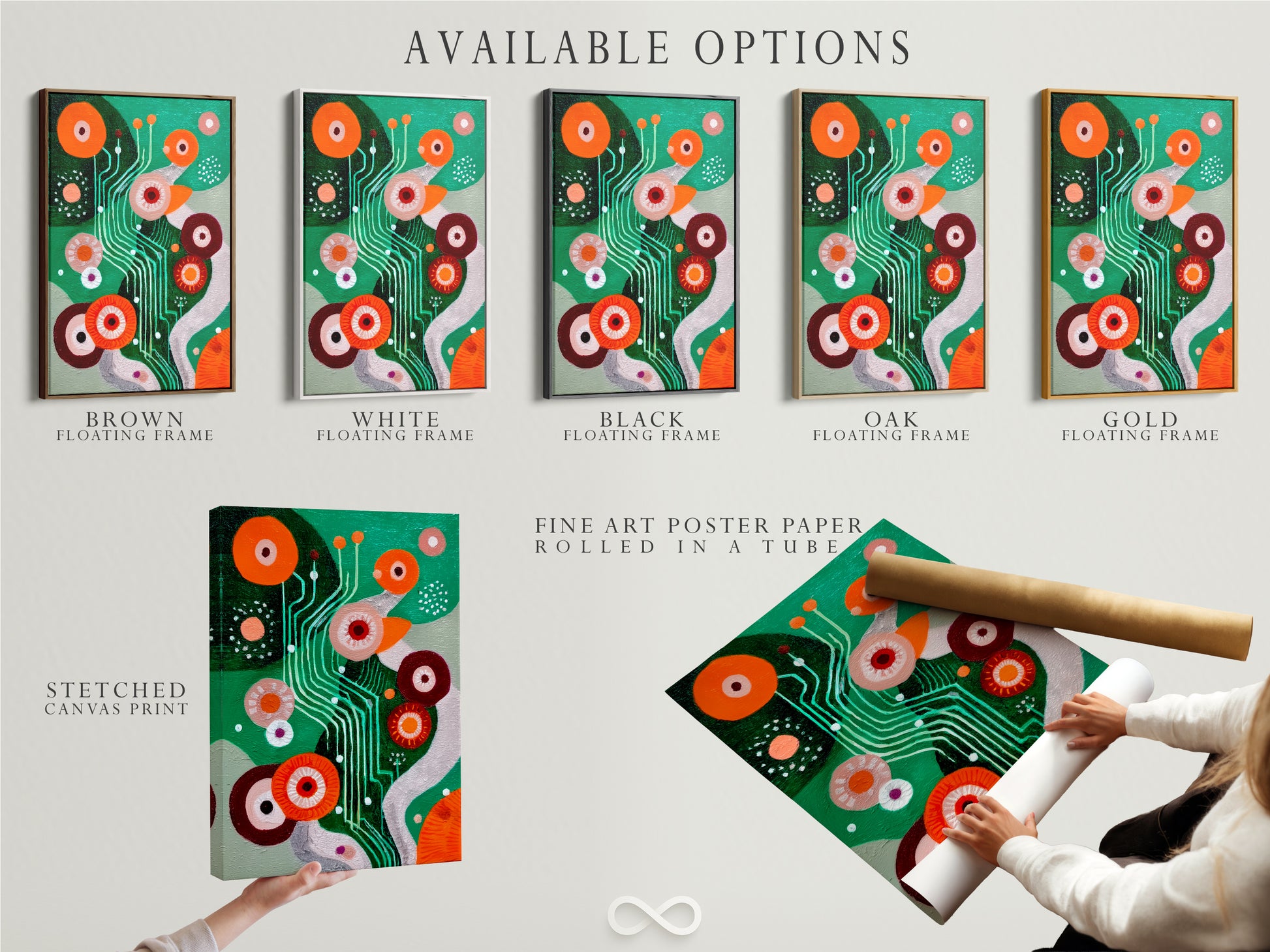 Explore available options including stretched canvas prints. Fine art poster paper and floating frames are also available. The modern abstract art features retro geometric designs. The colorful mid-century print enhances office decor. Perfect for contemporary art.