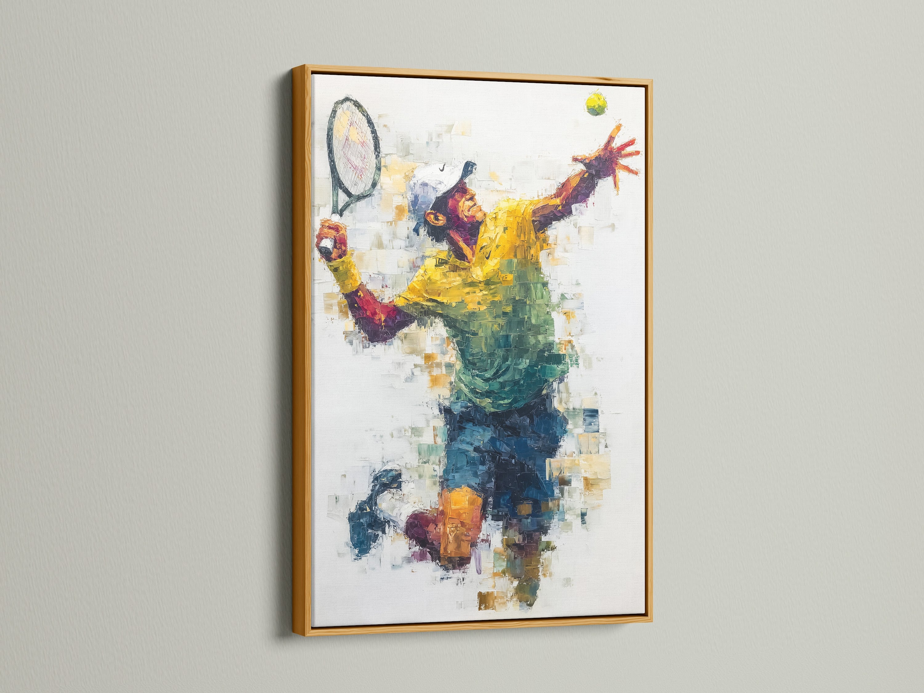 Add a touch of luxury with the Tennis Player Canvas Print in a gold frame. This tennis decor brings a sophisticated touch to any room. The modern sports art is perfect for creating a focal point. Elevate your walls with colorful sports art that shines. The gold frame enhances the art.