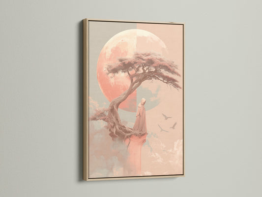 Zen Tree art print displayed in an oak frame. The peaceful monk poster enhances bedroom decor. This meditation art brings a calming touch. Ideal for creating a zen-inspired atmosphere at home.