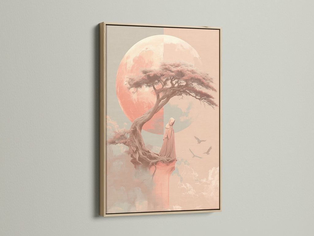 Zen Tree art print displayed in an oak frame. The peaceful monk poster enhances bedroom decor. This meditation art brings a calming touch. Ideal for creating a zen-inspired atmosphere at home.