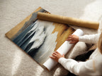A woman is carefully rolling a fine art poster paper. The paper features a beautiful coastal artwork. This high-quality print captures the essence of the sea. The fine art paper ensures vibrant colors and lasting beauty. Perfect for adding a touch of elegance to your home or office.