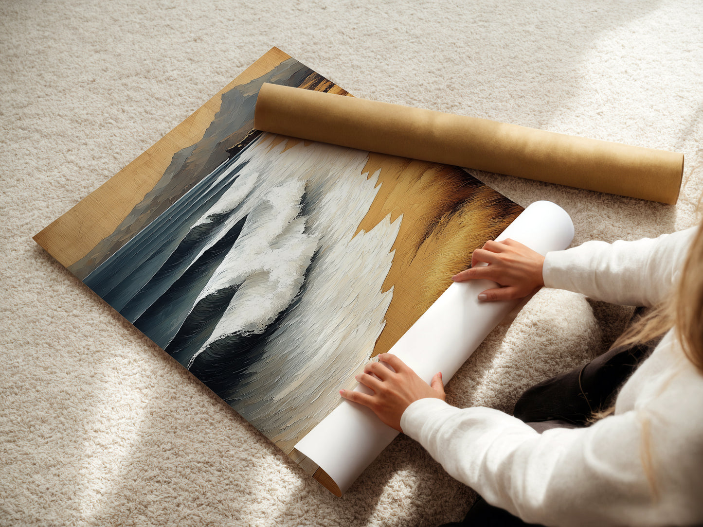 A woman is carefully rolling a fine art poster paper. The paper features a beautiful coastal artwork. This high-quality print captures the essence of the sea. The fine art paper ensures vibrant colors and lasting beauty. Perfect for adding a touch of elegance to your home or office.