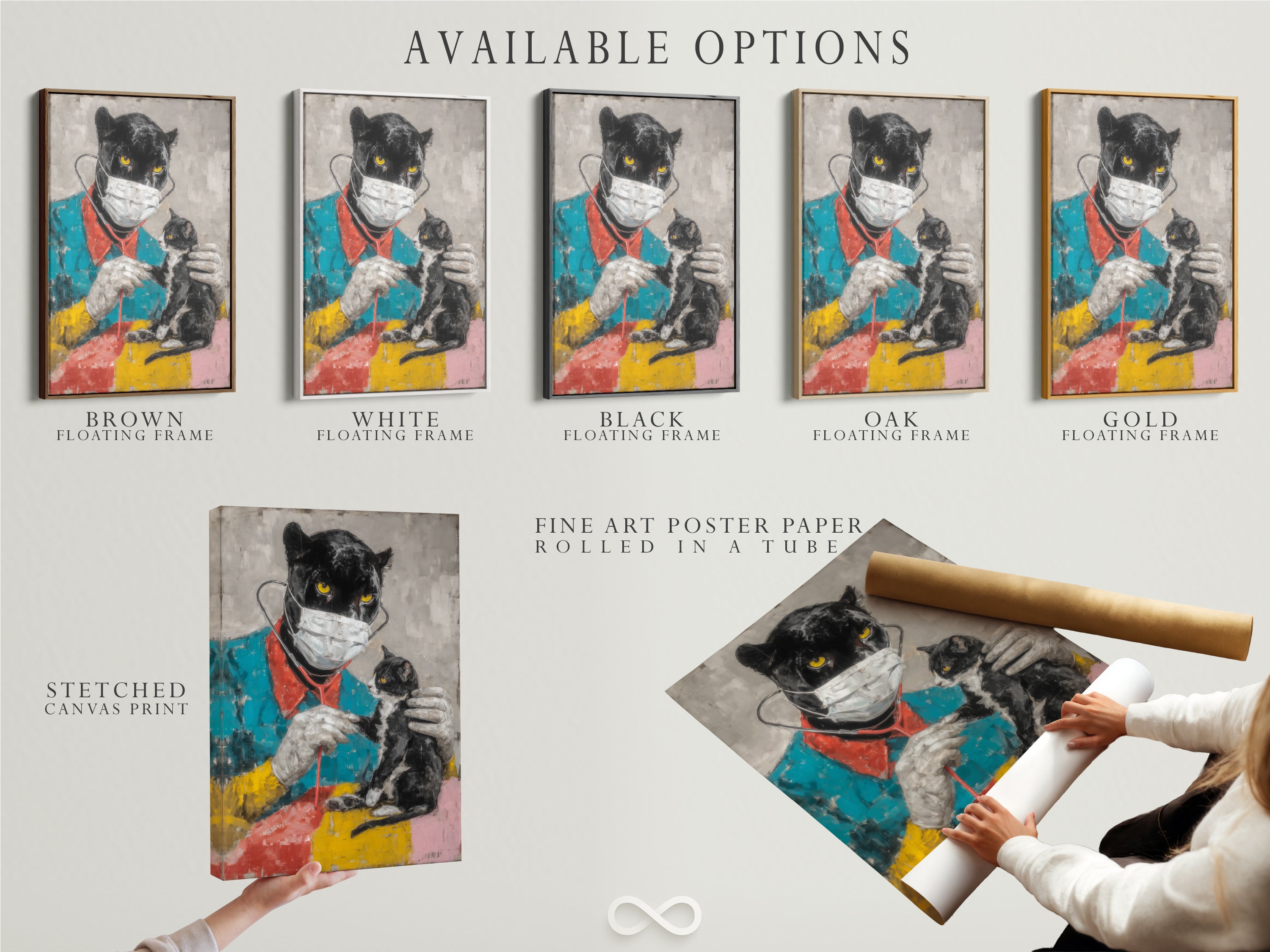 Available options include a stretched canvas print fine art poster paper and floating frame. Select the perfect finish for your Panther Doctor artwork to match your vet clinic or home decor needs.