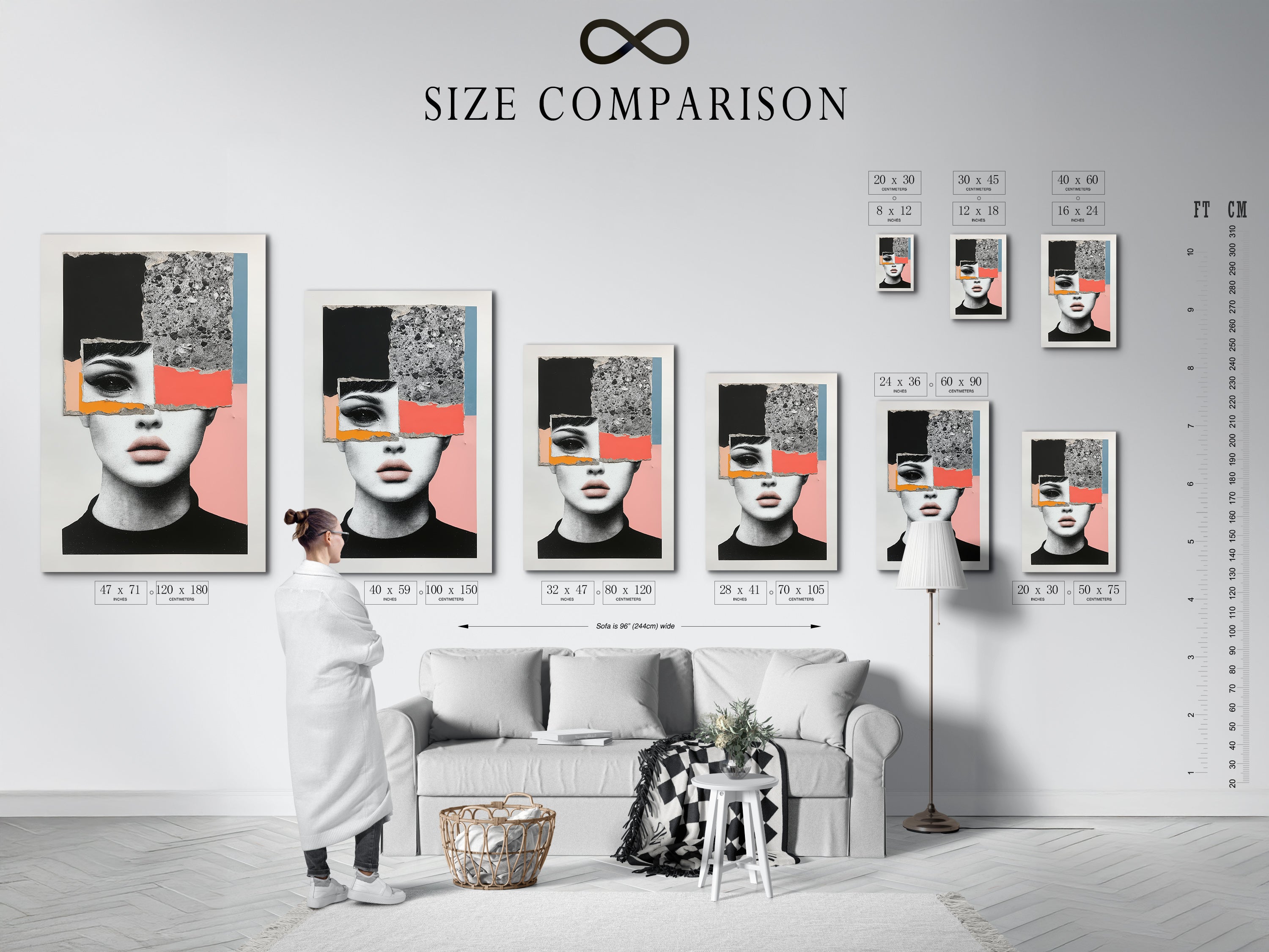 Size comparison chart in an interior setting. Showing the various dimensions available for this artwork. Choose the perfect size for your space. Options include stretched canvas print fine art poster paper and floating frame. Ideal for modern collage wall art.