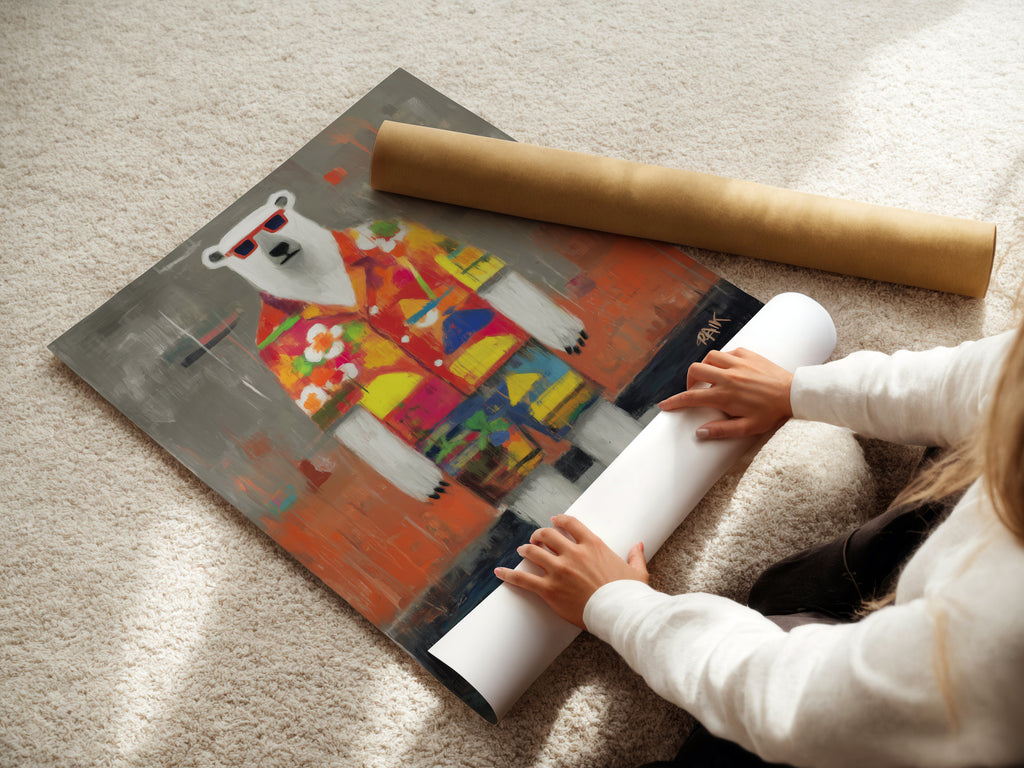 A woman rolls a fine art poster paper featuring a cool polar bear. The artwork is a quirky animal print. The art is perfect for adding a playful touch to any room. Consider this for kids room decor or a fun living room piece.
