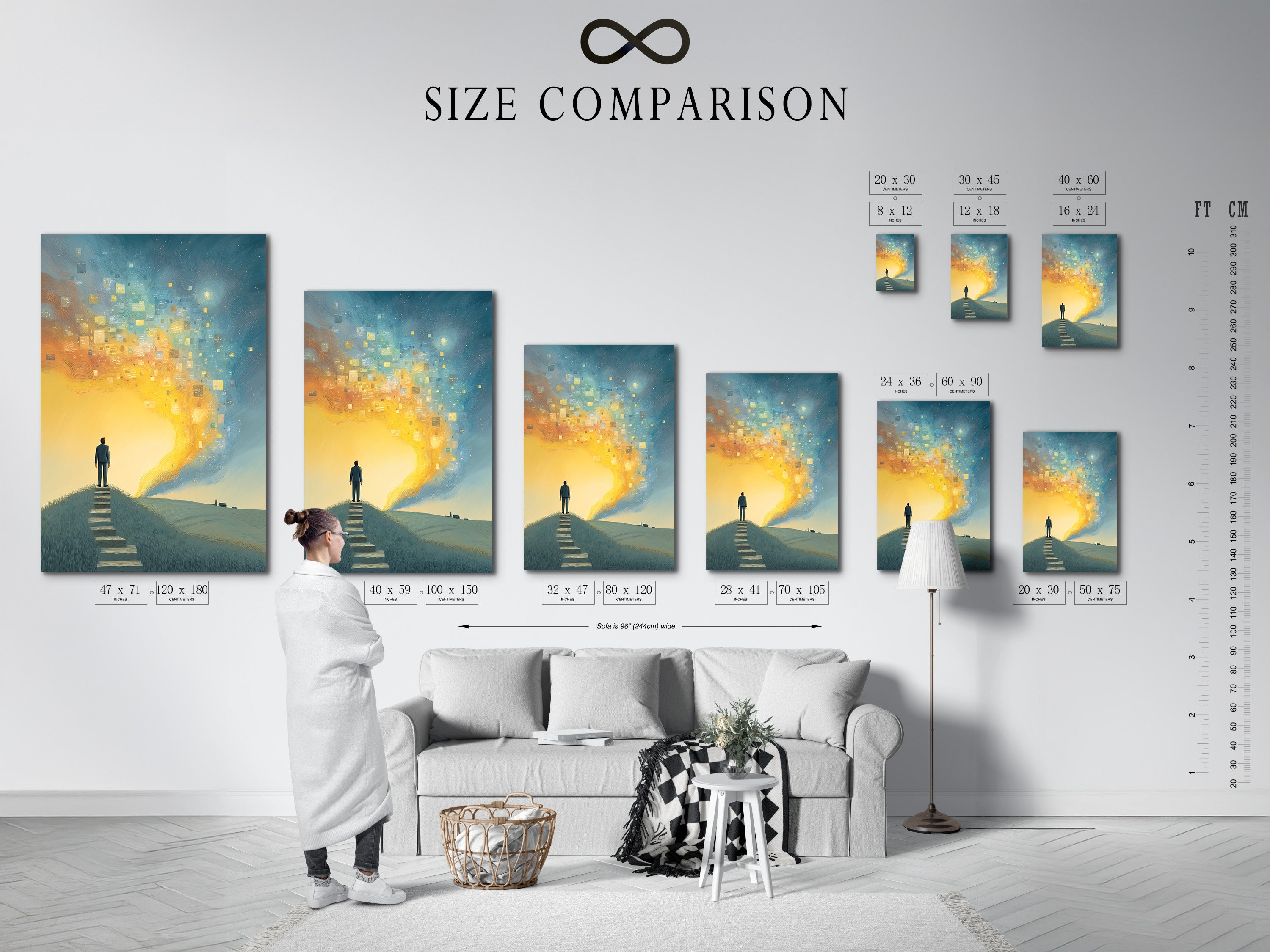 A size comparison chart displayed in an interior setting. It shows the different sizes available for the Surreal Journey artwork.  A figure is seen on a path. This chart helps visualize the artwork in various spaces.  Perfect for planning your wall decor.
