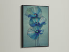 This black frame provides a striking contrast to the blue floral canvas print. The dark frame makes the teal flower artwork pop. Perfect for adding a bold statement to your bedroom wall decor. A sophisticated choice for modern art lovers