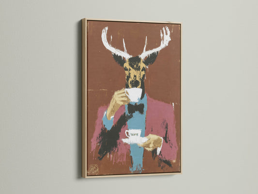 This oak frame showcases a deer wall art piece. It's an animal portrait art print perfect for adding a touch of whimsy to any space. This modern canvas art is ideal for eclectic home decor. Add character to your living room or office with this unique folk art print.