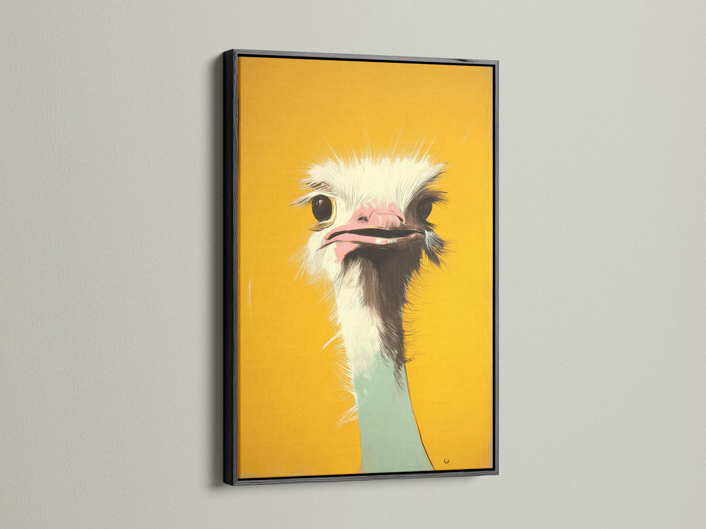 An ostrich art print is elegantly showcased in a black frame. The black frame provides a bold and sophisticated touch. It makes the colors of the artwork pop. Enhance your home with framed art prints.