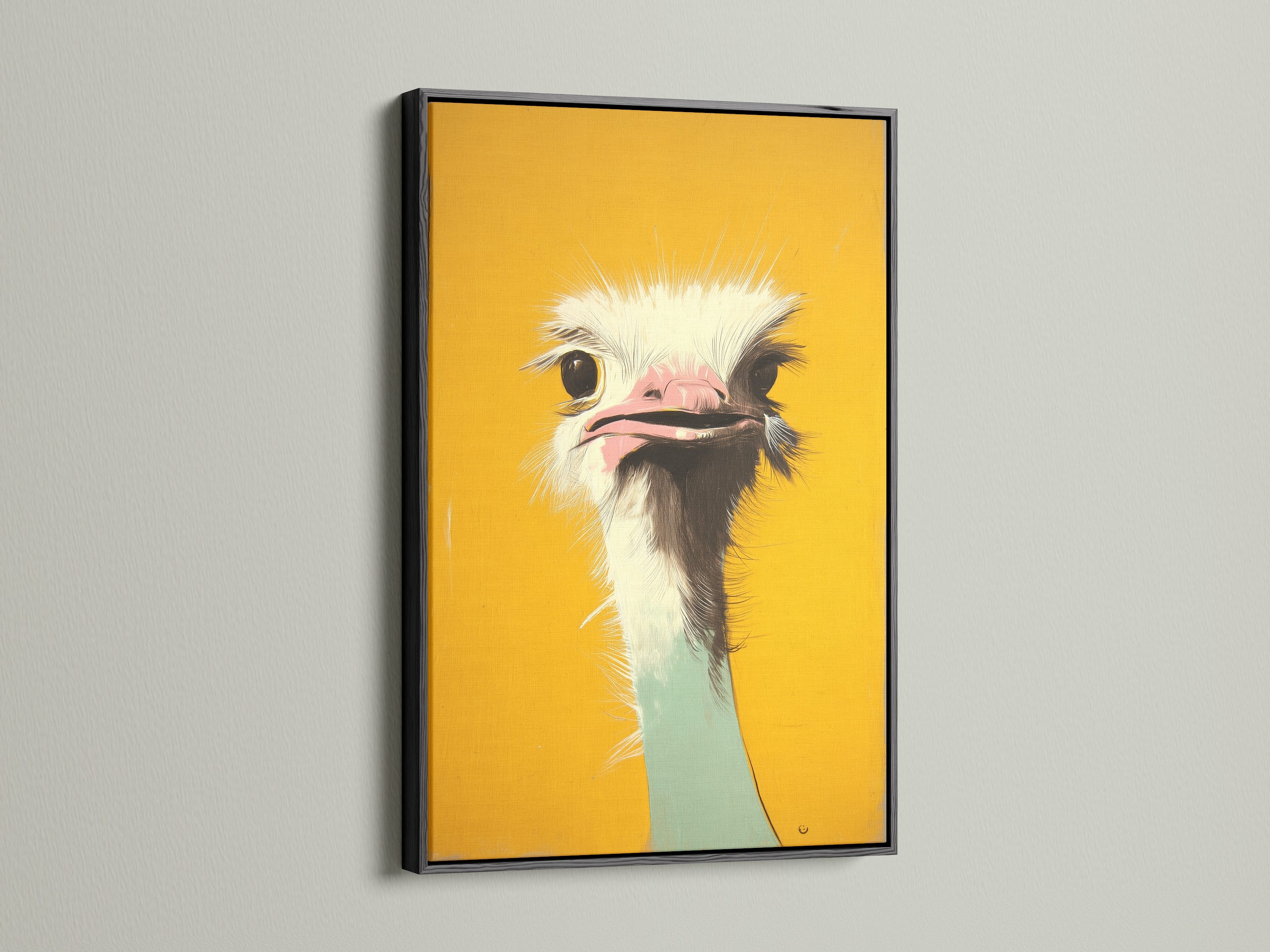An ostrich art print is elegantly showcased in a black frame. The black frame provides a bold and sophisticated touch. It makes the colors of the artwork pop. Enhance your home with framed art prints.