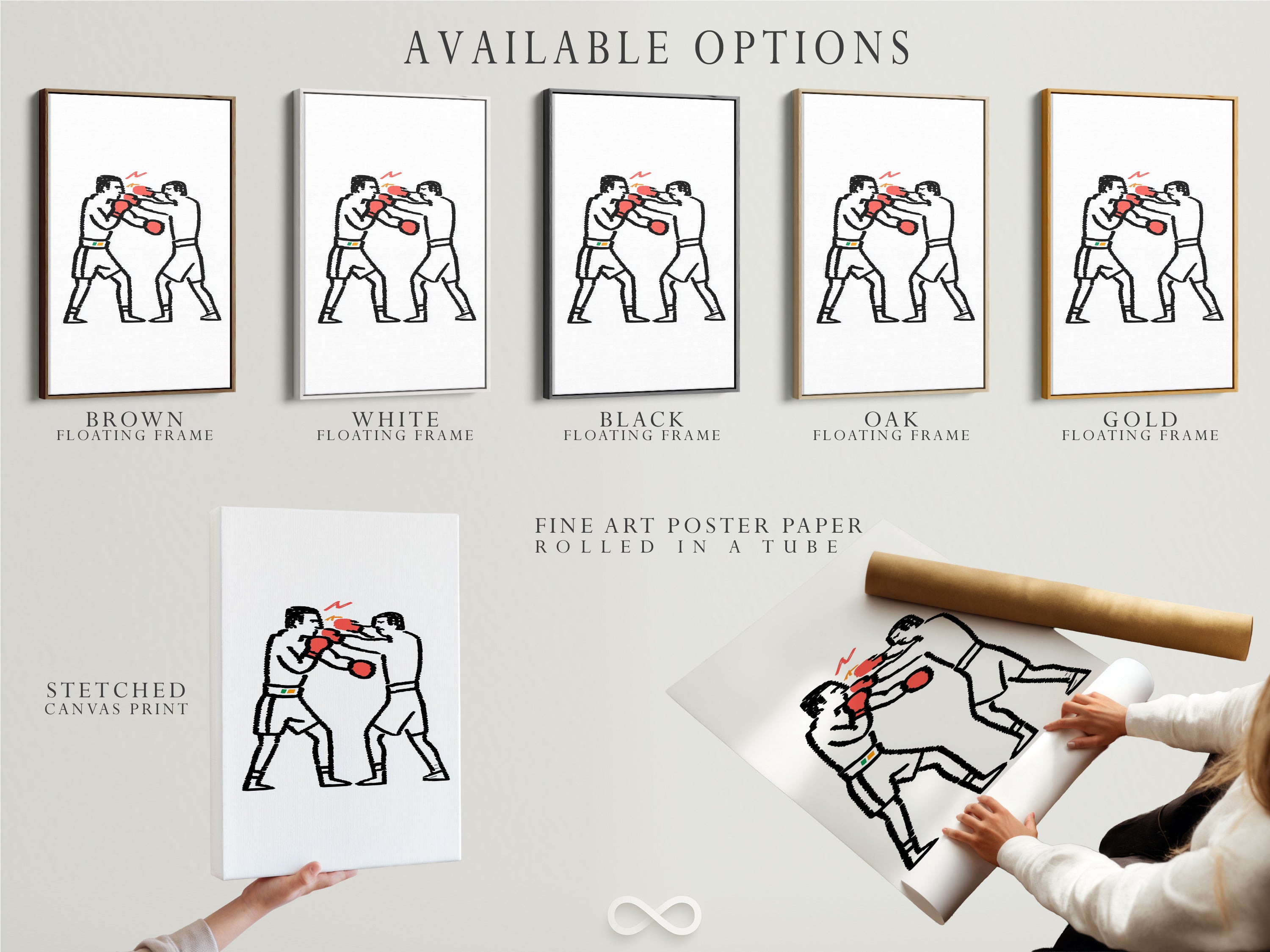 Available options for the boxing match artwork. Choose between a stretched canvas print fine art poster paper or floating frame. The minimalist sport artwork features two boxers with red gloves. Customize your perfect boxing art.