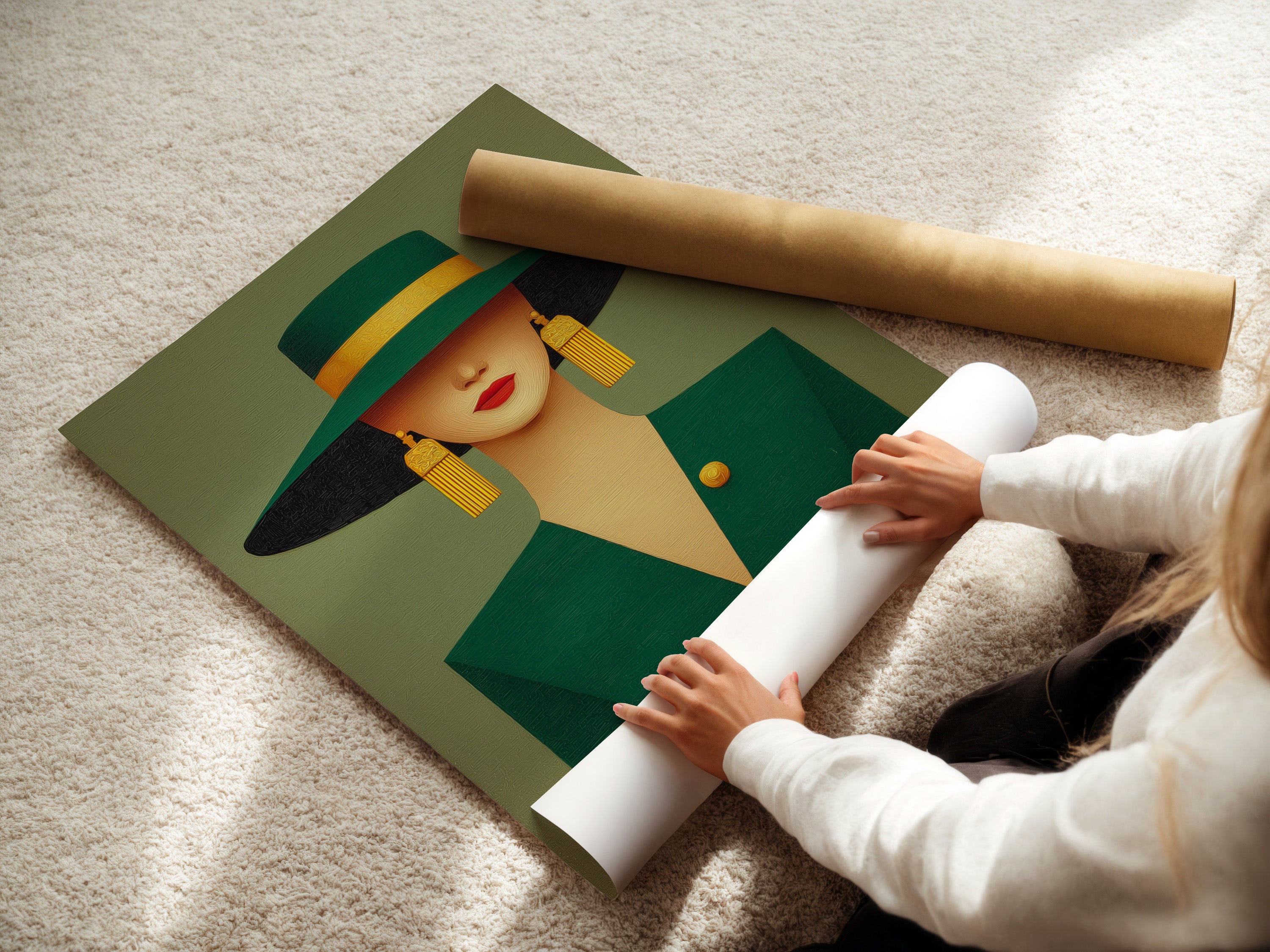 A woman is carefully rolling a fine art poster paper. This high-quality paper is perfect for art prints. It ensures vibrant colors and lasting beauty. Ideal for creating stunning wall art. This paper is the perfect choice for your artwork.