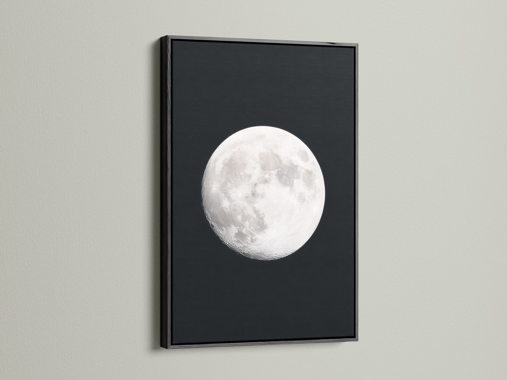 Full Moon lunar phase artwork with a black frame. This celestial wall art enhances bedroom astronomy decor. A unique moon phase art piece. This artwork brings space themed art to modern living. It makes a thoughtful astrology gift. This is a stunning night sky print. This is a full moon artwork for celestial print collections.